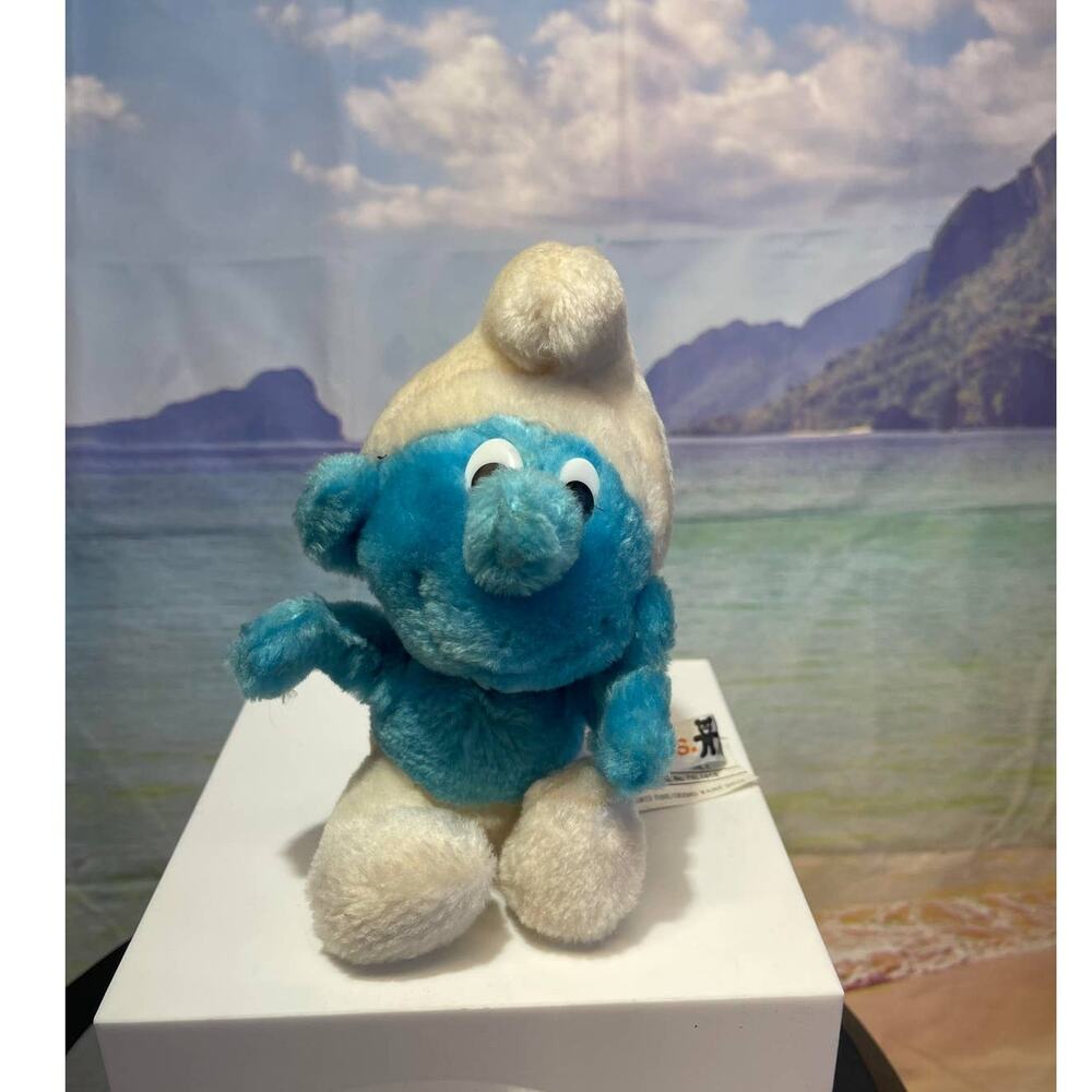 Vintage Birthday Jokey Smurf  7" Plush Toy, Peyo 1980s Wallace Ganz Bros.